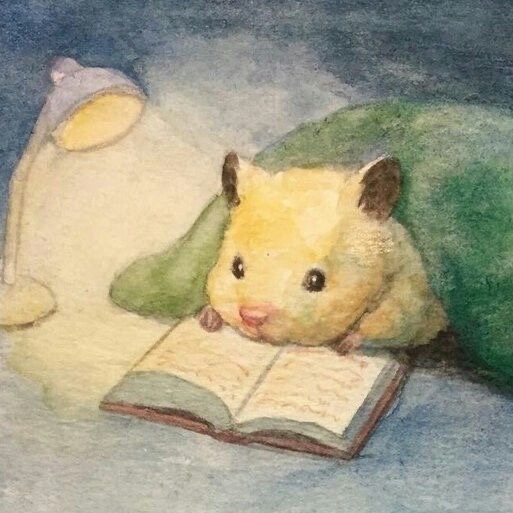 An animated image of a hamster reading a book underneath a lamp and blanket. 
